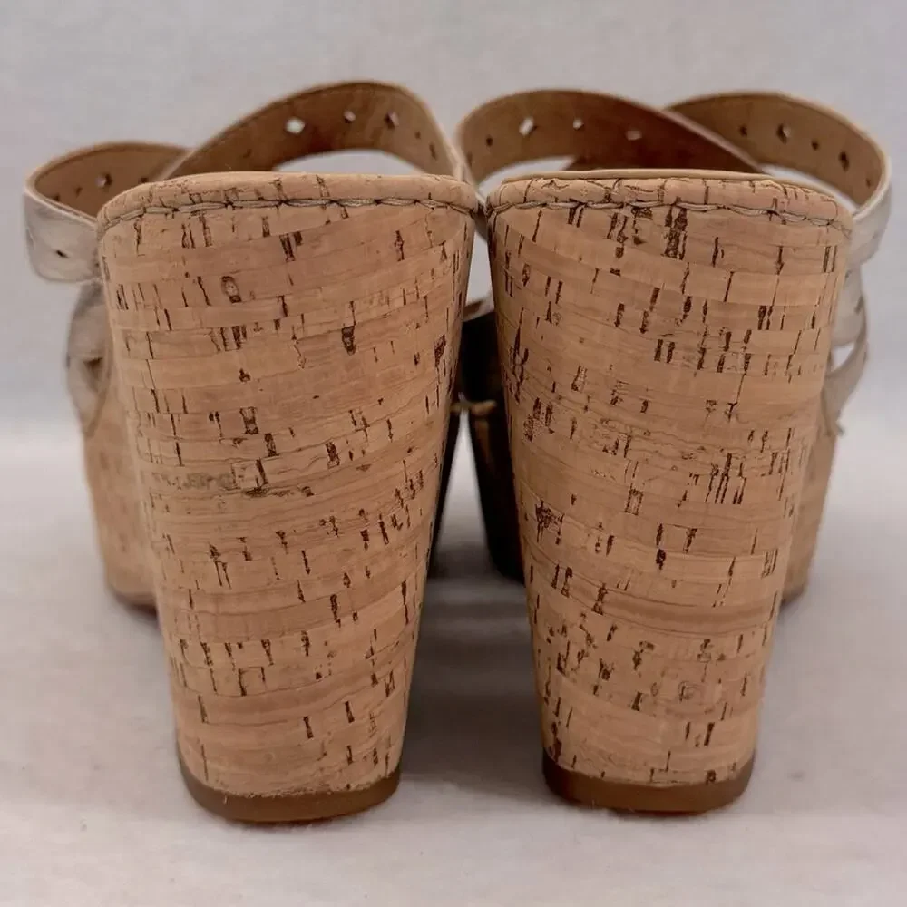 EUC Born Cork Wedges Sandals Leather Pewter size 12 4.5” Heels Strappy
